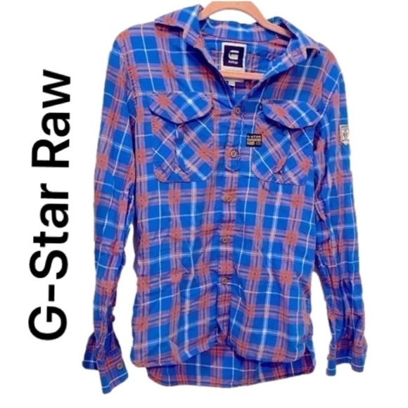 🌷 G-star RAW🌷 100% Cotton Blue & Orange Plaid Flannel Shirt - Picture 3 of 16